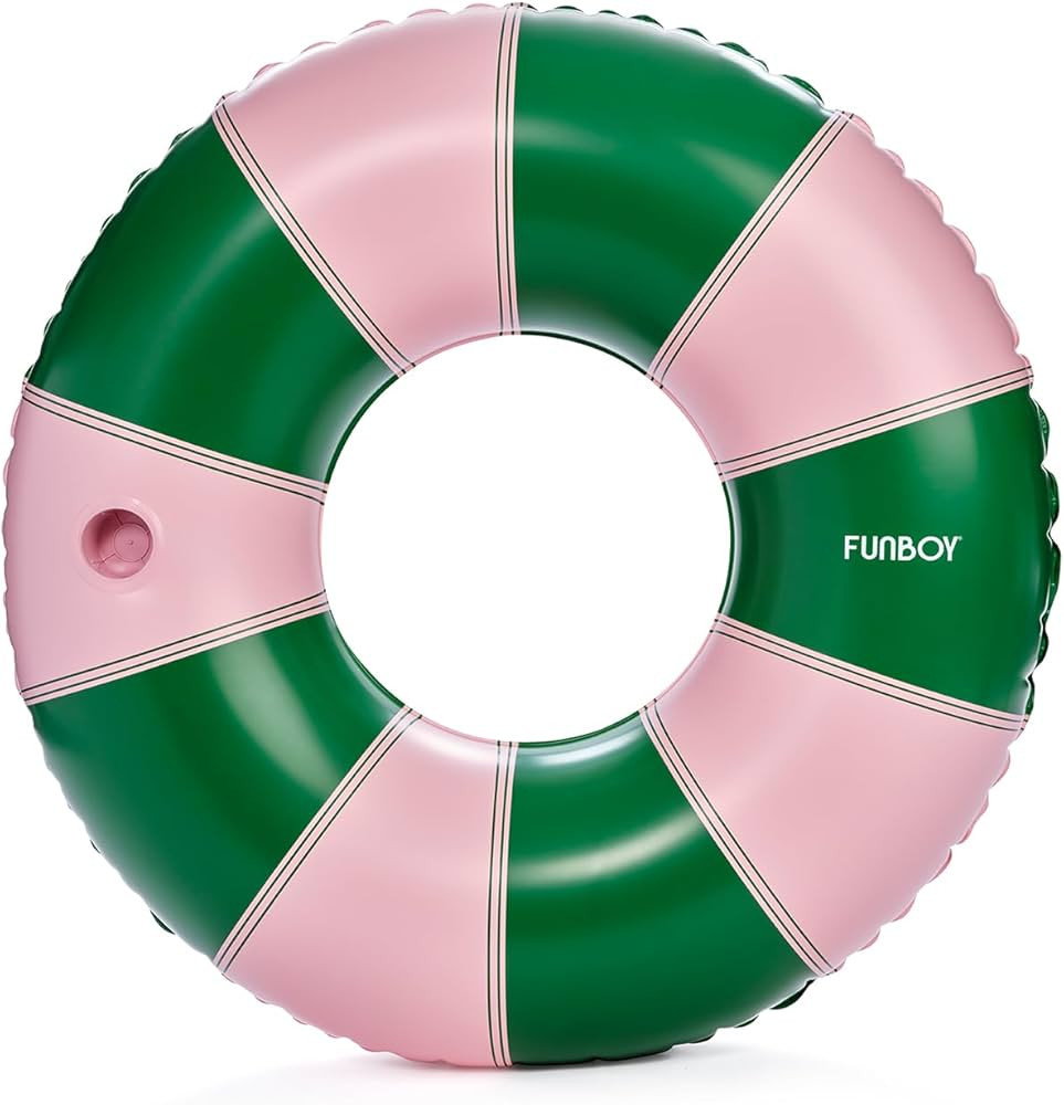 FUNBOY Giant Pink & Green Stripe Inflatable Pool Float with Cup Holder, 48" Adult Inner Tube Swim Ring Pool Lounger | Amazon (US)