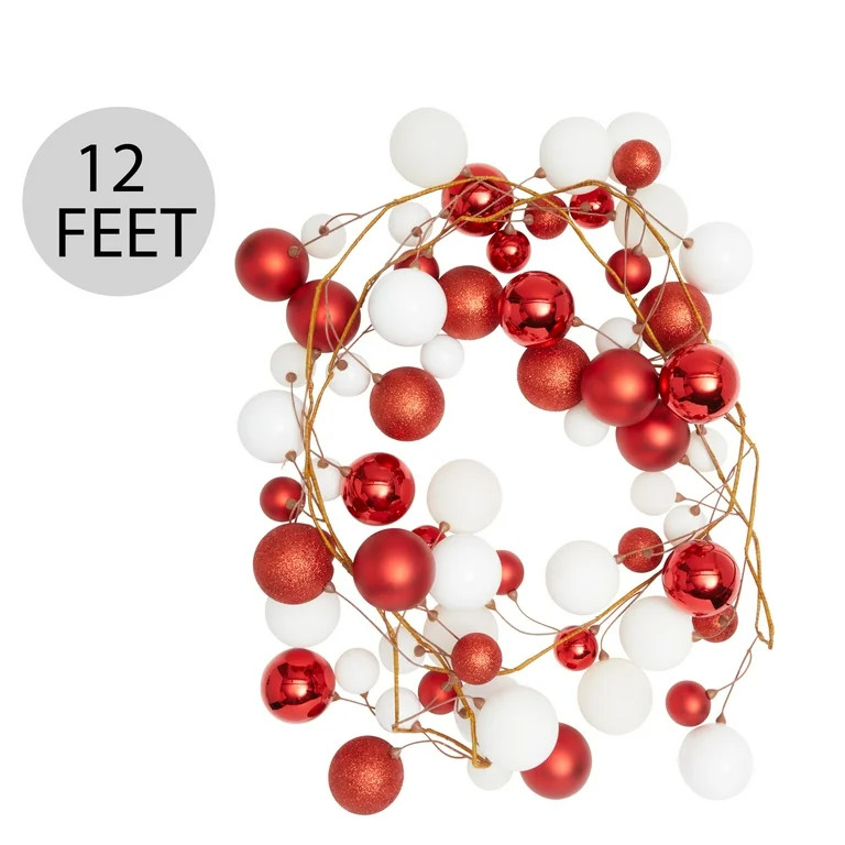 Shatterproof Red and White Ball Ornament Garland, Plastic Polystyrene, 12 ft, by Holiday Time | Walmart (US)