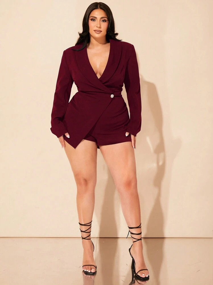 SHEIN BAE Plus Size Fall Button Detail Wrap Romper Elegant Sexy Jumpsuit | SHEIN