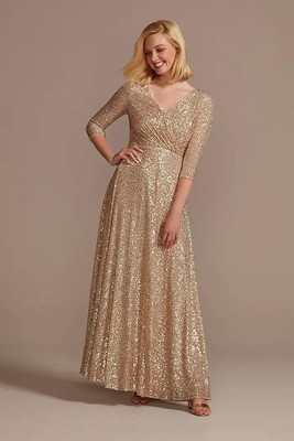 Oleg Cassini David's Bridal Women Gold Sequin Maxi Dress Gown Wedding Formal 2 | eBay | eBay US