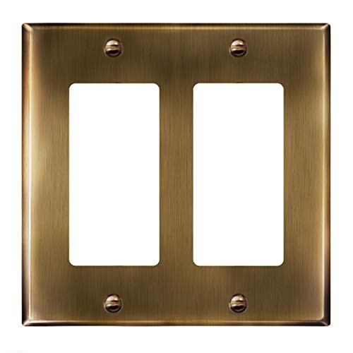 ENERLITES Double Decorator Switch or Receptacle Metal Cover Plate, Stainless Steel Wall Plate, Corrosion Resistant, Standard Size 2-Gang 4.50" x 4.57", Stainless Steel 201, 7732-AB, Antique Brass | Amazon (US)