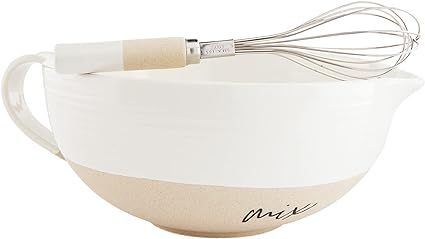 Mud Pie Farmhouse Stoneware Mixing Bowl Set, White/Cream, bowl 4.5" x 11.75" | whisk 7" | Amazon (US)