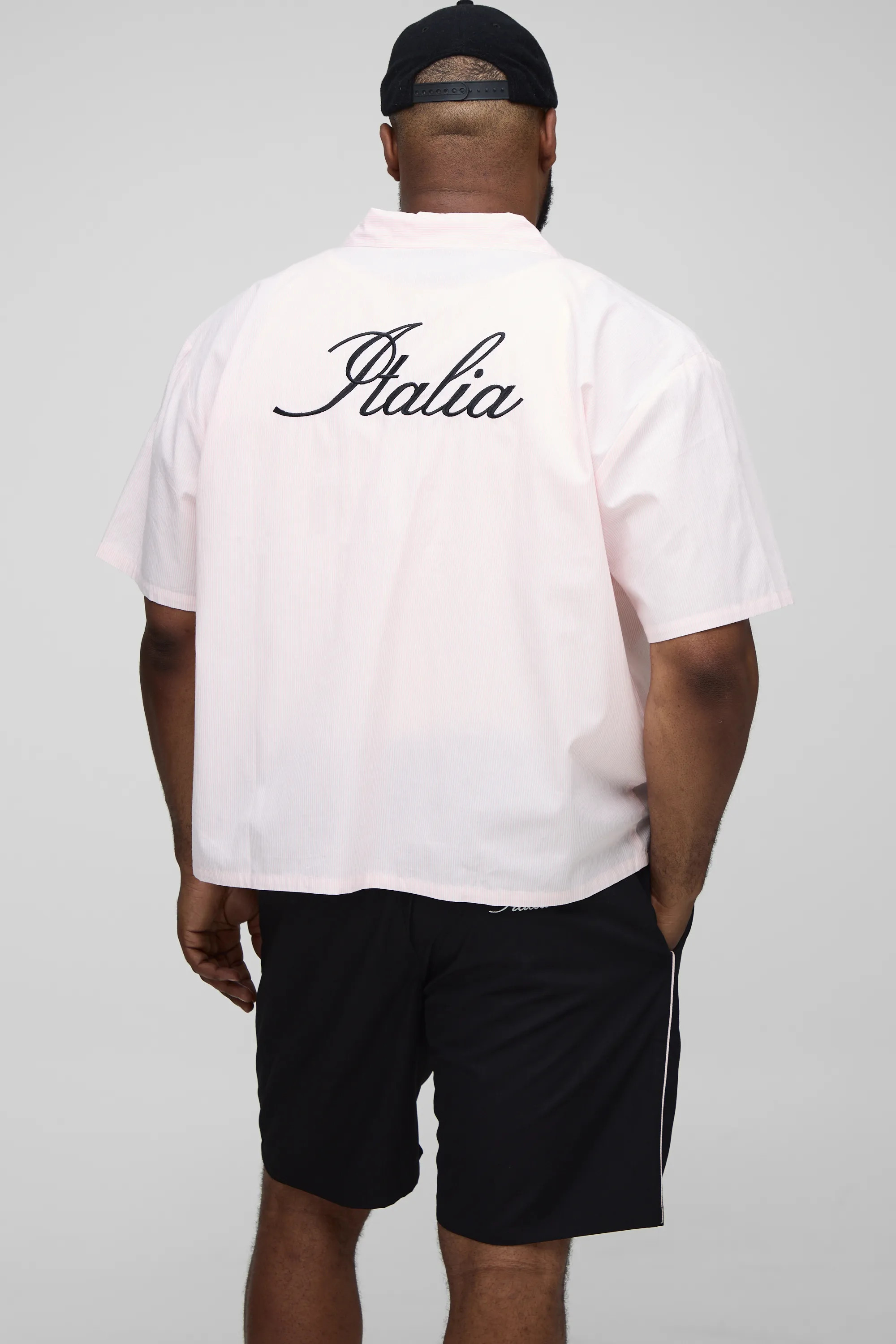 Plus Oversized Boxy Stripe Italia Embroidered Revere Shirt and Relaxed Short Set | Boohoo.com (UK & IE)