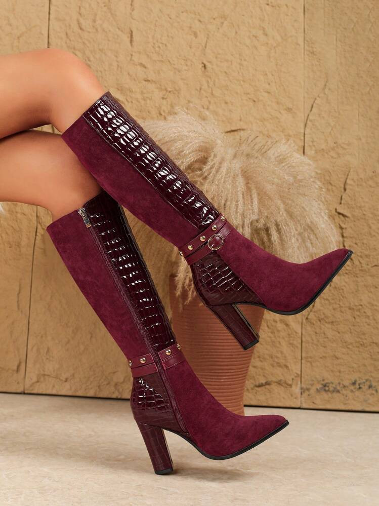 Plus Size Women's Fashion Over Knee Boots, Wine Red High Heels Zipper Casual Outings And Fashion ... | SHEIN