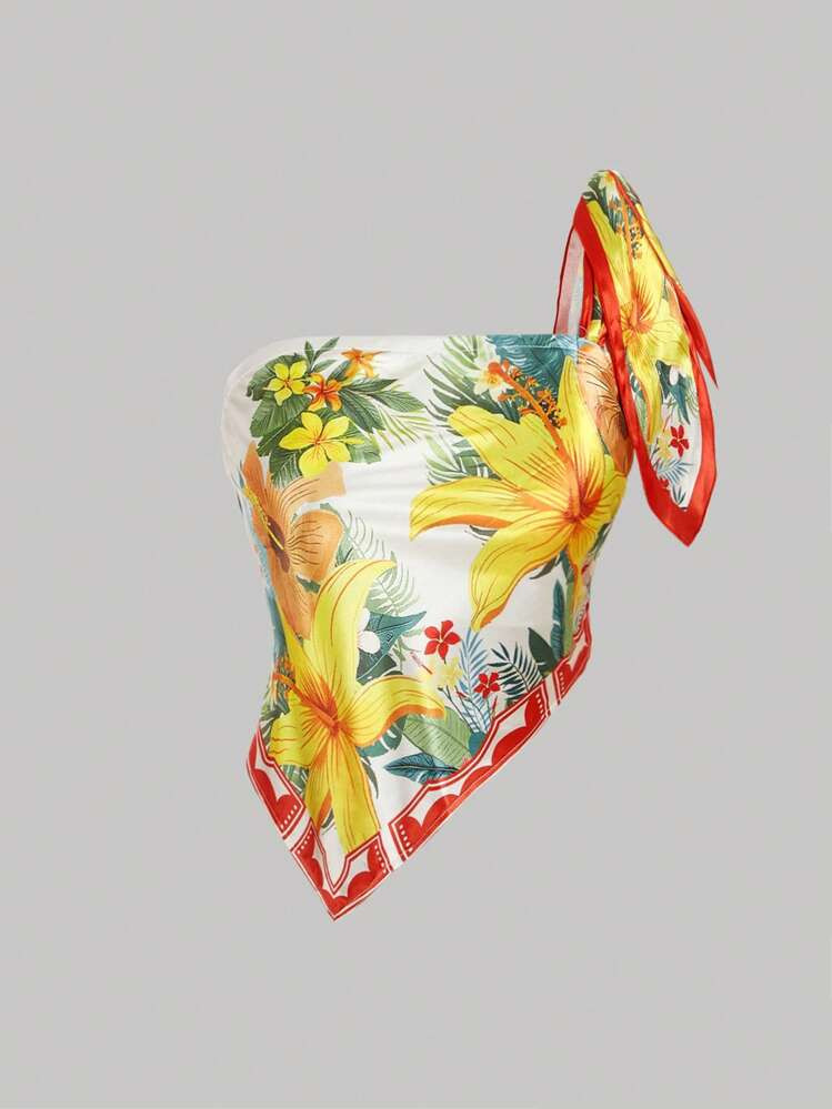 SHEIN MOD Plus Size Vacation Tie-Knot Collar Asymmetric Printed Blouse For Women.Beach Top | SHEIN