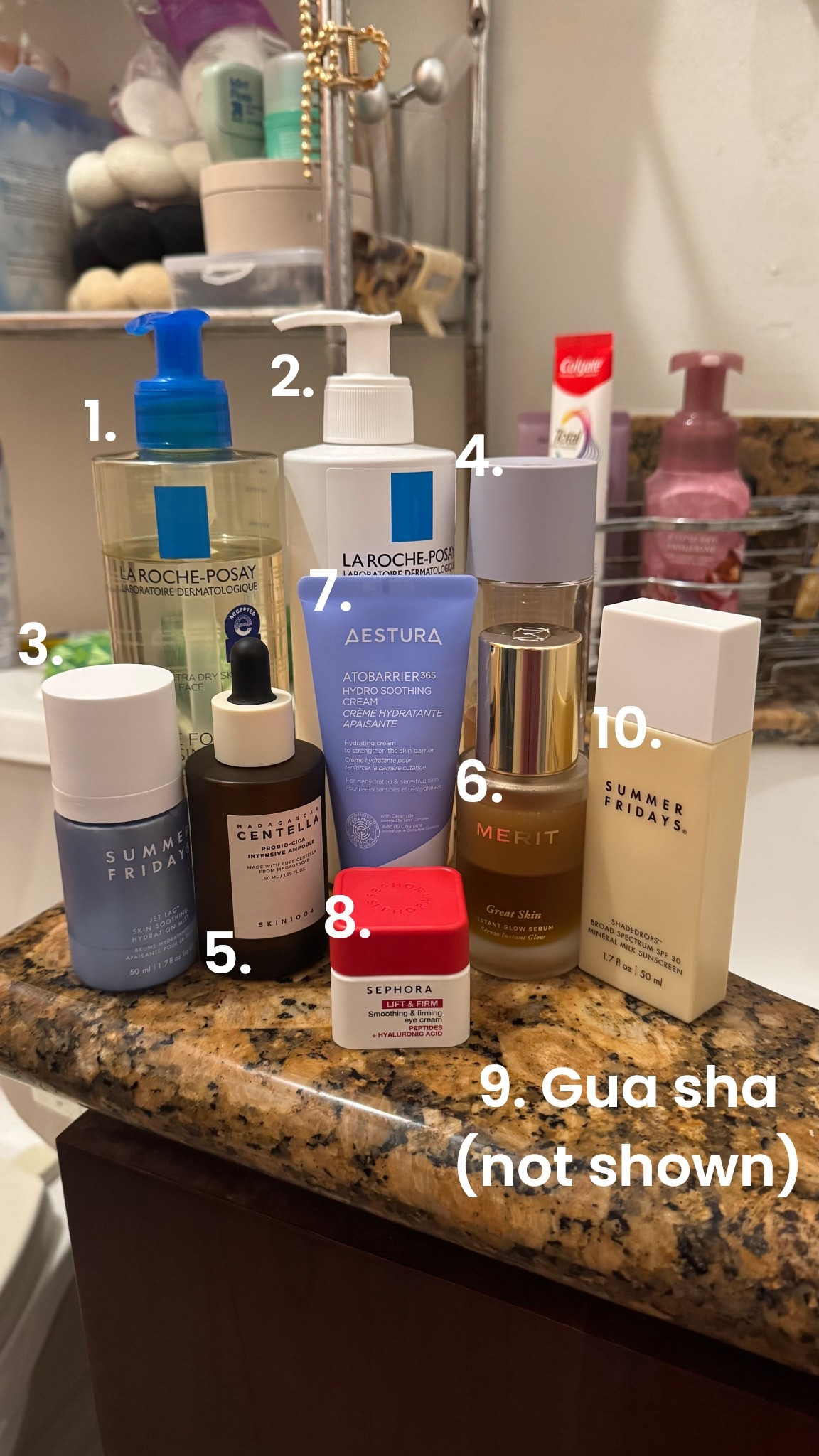 My current morning skincare routine to heal oily/acne-prone skin and give you that glow! I’ve been doing this routine every morning for the last month and have seen positive results with oil  and reduction. Oily skin (for me) = dehyration, hence all the hydrating products. Remember: What works for me may not necessarily work for you!

1. La Roche Posay cleansing oil.
2. La Roche Posay hydrating cleanser.
3. Summer Fridays Jet Lag face mist.
4. Fenty Skin Fat Water toner.
5. Skin1004 Centella serum.
6. Merit glow serum (optional).
7. Aestura ATOBARRIER365 gel cream moisturizer.
8. Sephora Collection firm & lift eye cream.
9. Gua sha.
10. Summer Fridays spf.

#LTKBeauty