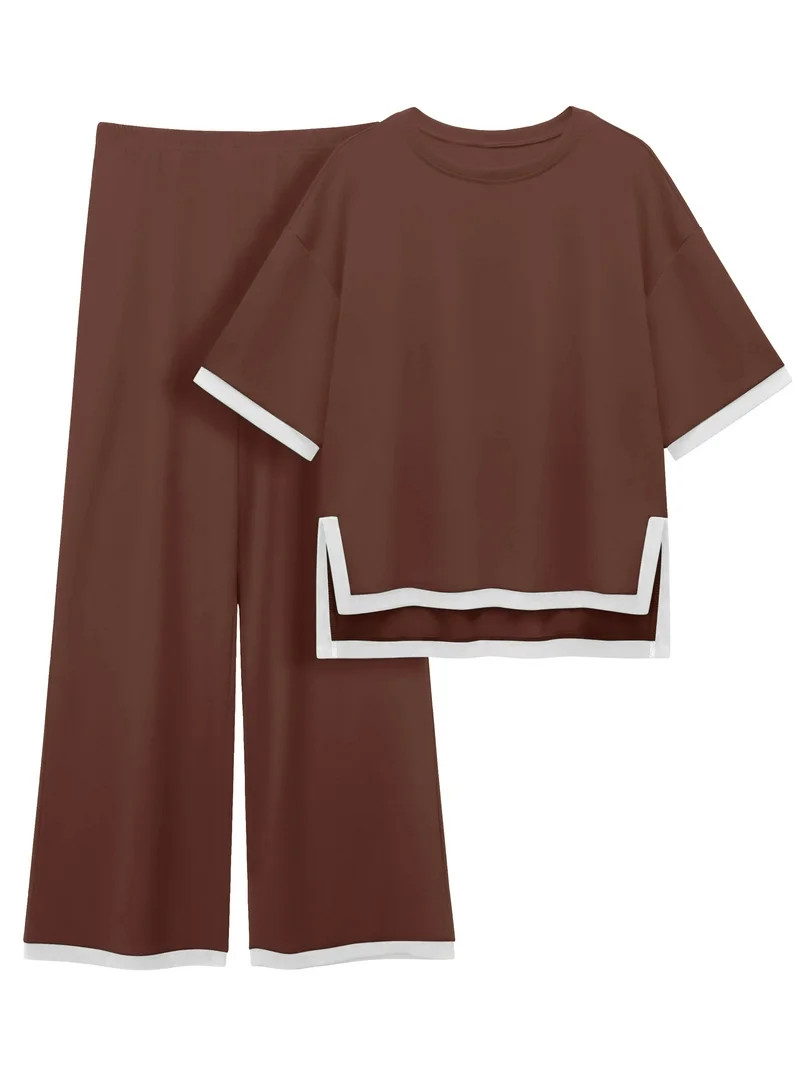 MINTREUS Women's Cotton 2-Piece Loungewear Short-Sleeve Round-Neck Pullover Top Wide-Leg Pants Wo... | Walmart (US)