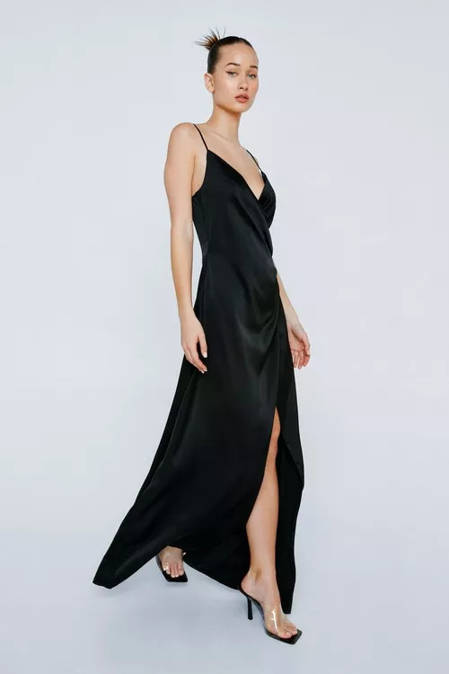 Satin V Neck Wrap Maxi Dress | Nasty Gal (US)