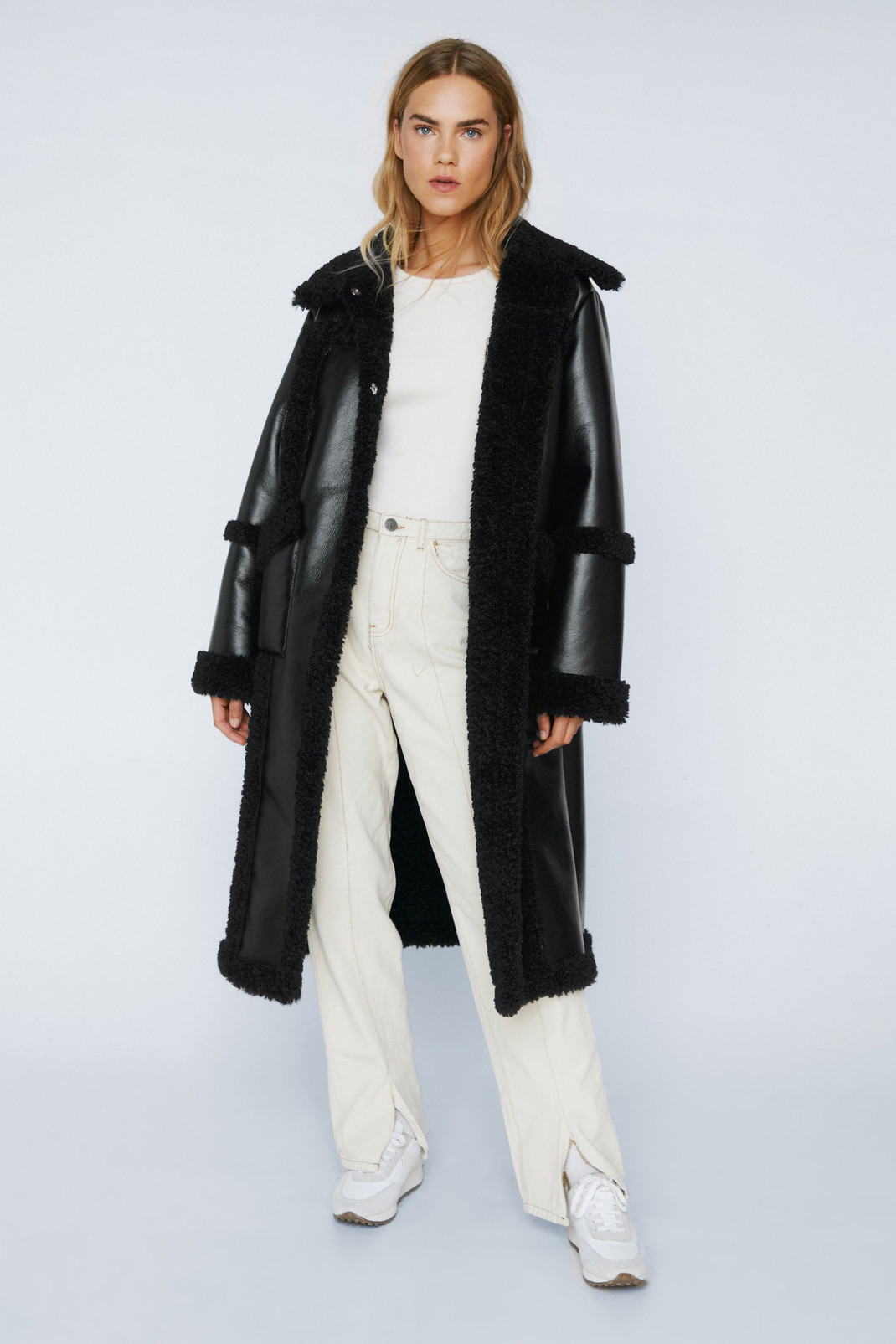 Premium Faux Leather Borg Lined Longline Coat | Nasty Gal (US)