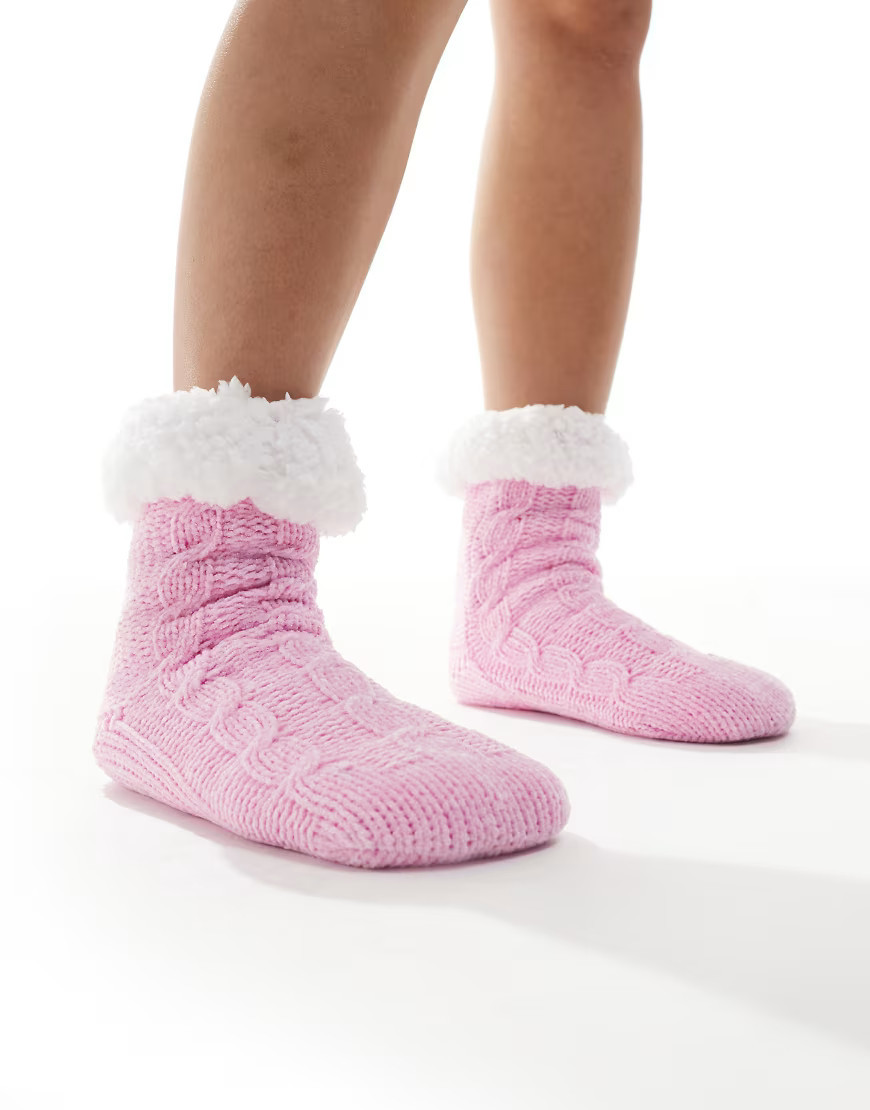 Loungeable chenille cable knit slipper sock with sherpa lining in candy pink | ASOS (Global)
