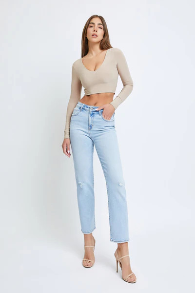 [TRACEY] LIGHT WASH HEM DETAIL 27" INSEAM STRAIGHT | Hidden Jeans