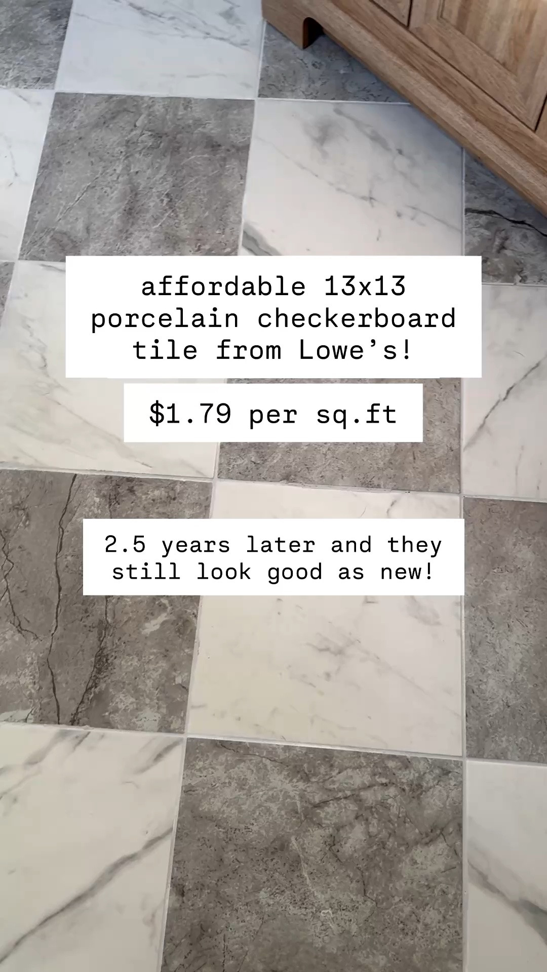 we renovated our primary bathroom january 2024 and added in these marble look checkerboard tiles (porcelain!) from lowe’s. to this day, they look just as good as the day we installed them. gorgeous and affordable!

grout “silver shadow”

#LTKHome #LTKSaleAlert