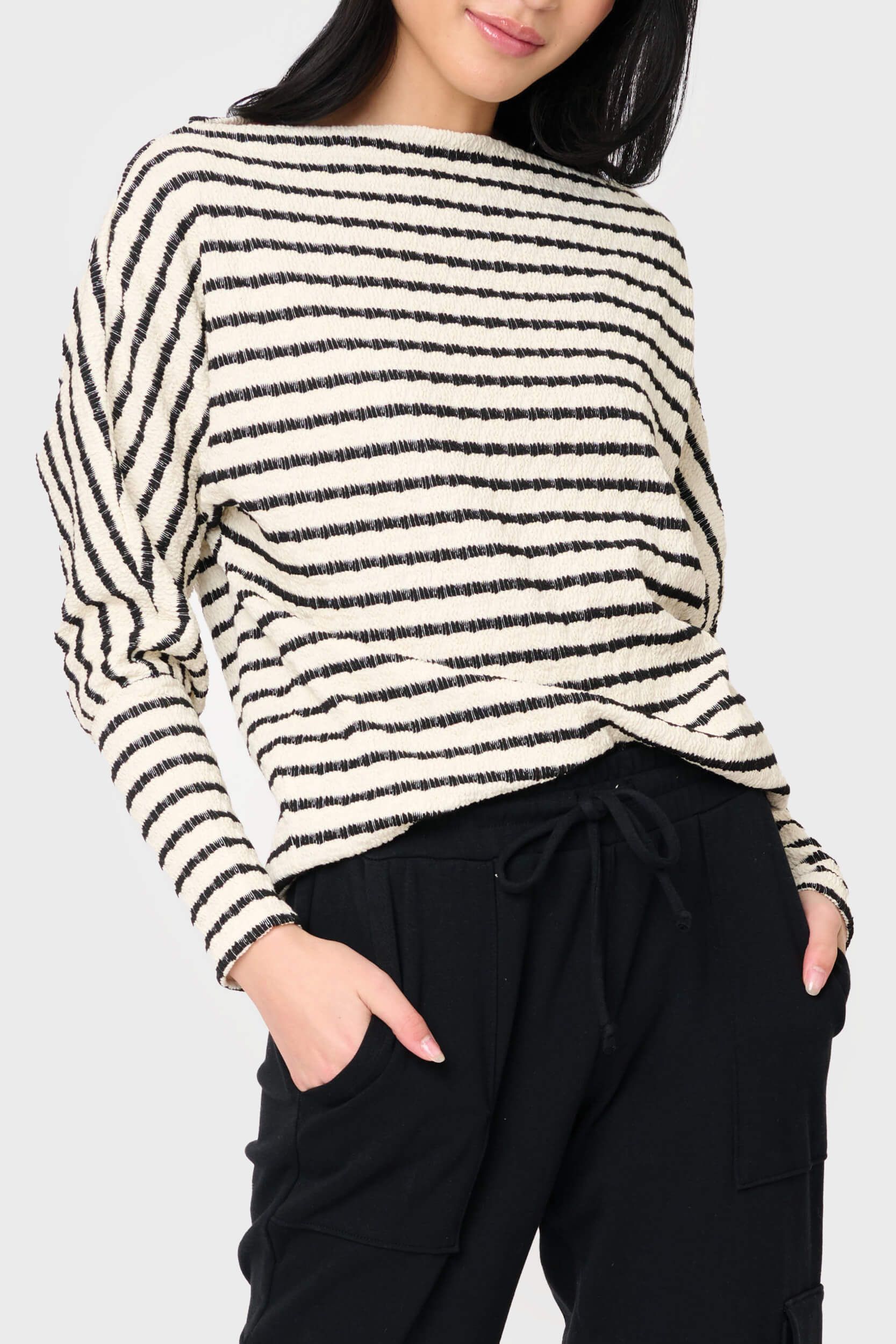Slouchy Open Neck Striped Knit Top | Gibson