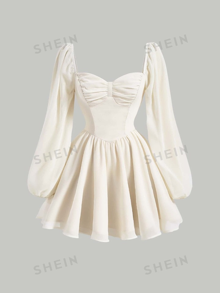 SHEIN MOD Spring Break Dress With Sleeves Sweetheart Neck Lantern Sleeve Ruched Bust Dress | SHEIN