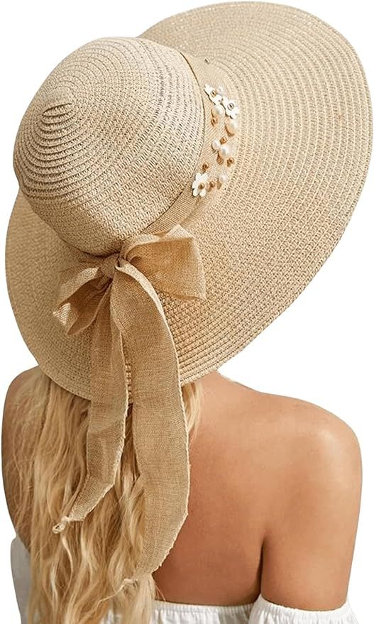 Verdusa Women's Scalloped Wide Brim Straw Sun Hats Boho Beaded Beach Hat | Amazon (US)