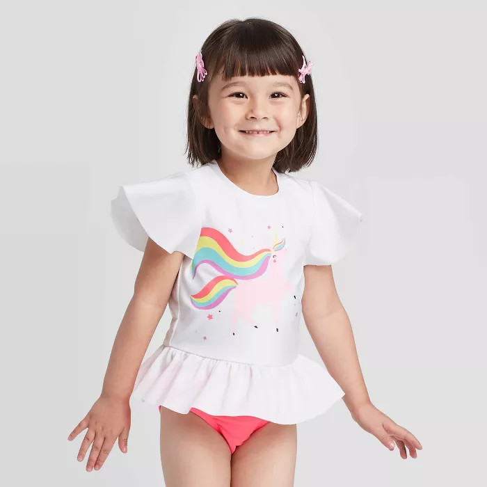 Toddler Girls' Unicorn Flutter Short Sleeve Rash Guard Swimsuit - Cat & Jack™ White | Target