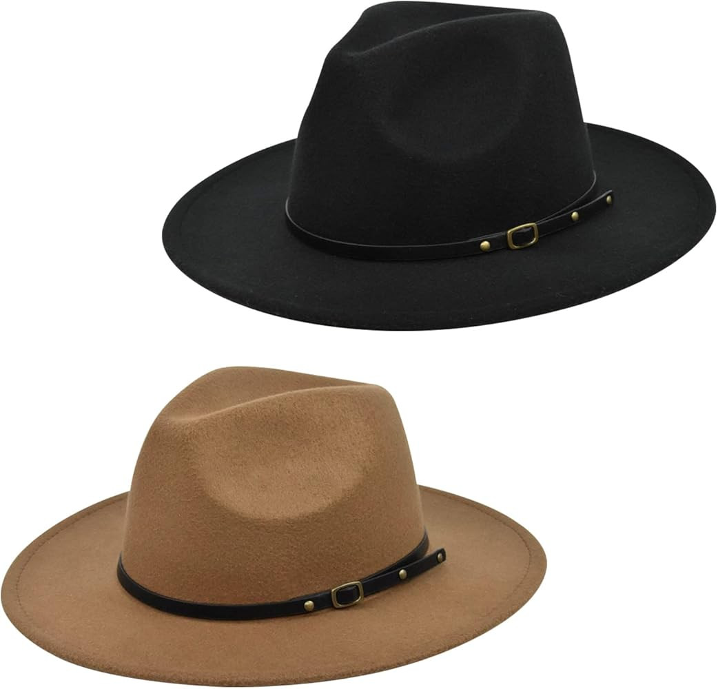 Women Classic Belt Buckle Fedora Hat, 2 Pack Wide Brim Panama Hat Lady Retro Wide Brim Fedora Hat | Amazon (US)