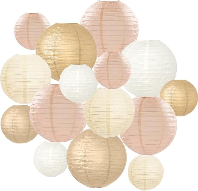 15 Pcs Boho Paper Lanterns - Champagne Gold Beige Peach 6 8 10 Inch Round Hanging Decorations for... | Amazon (US)