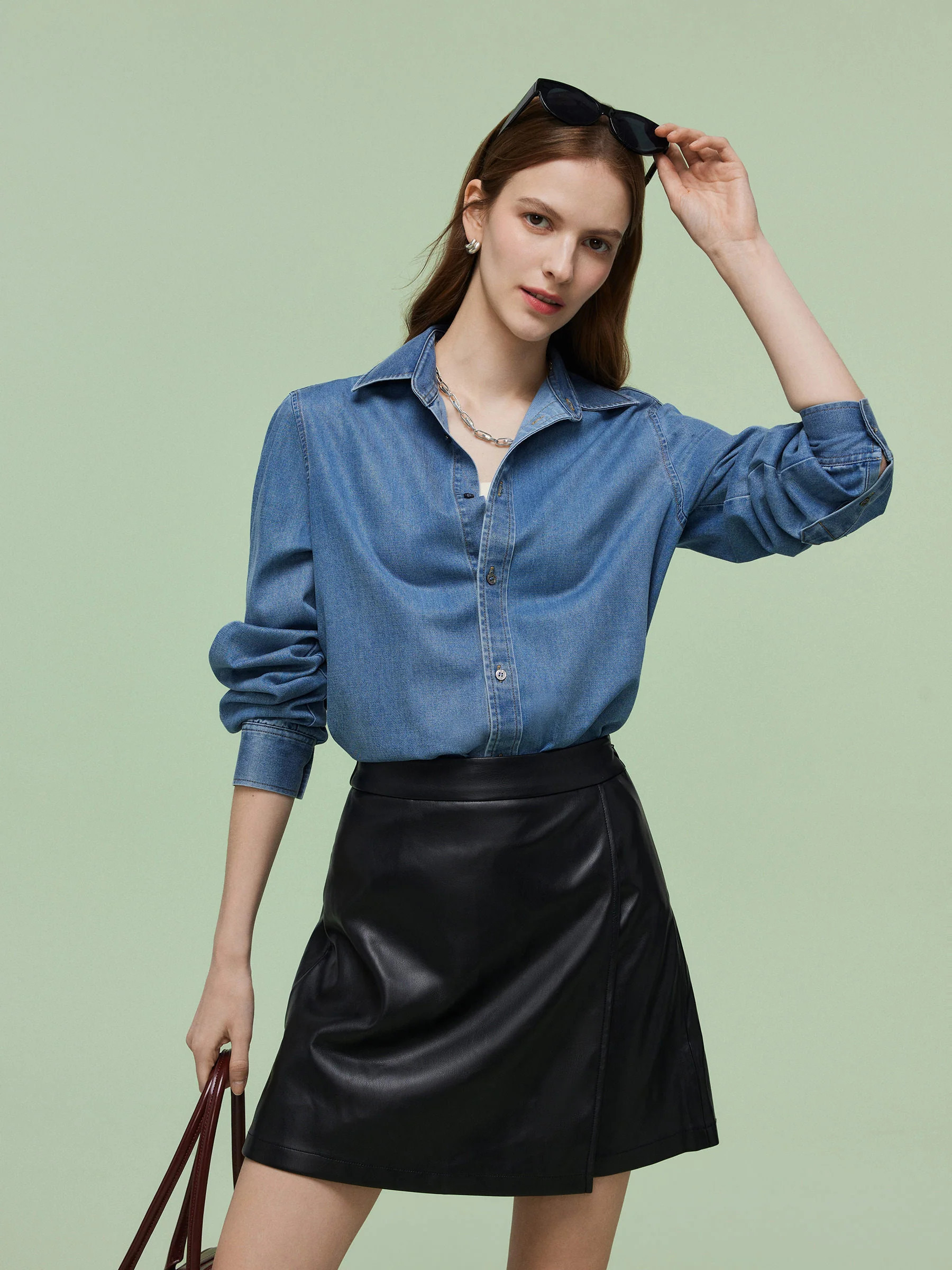 Denim Long Sleeve Women Shirt - Dark Denim / S | GOELIA