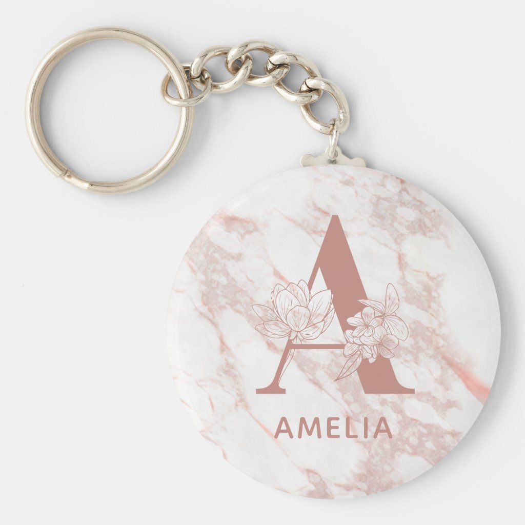 Floral Monogram Pink Rose Gold Marble Custom Name Keychain, Adult Unisex, Size: 2.25", Lavender Blus | Zazzle