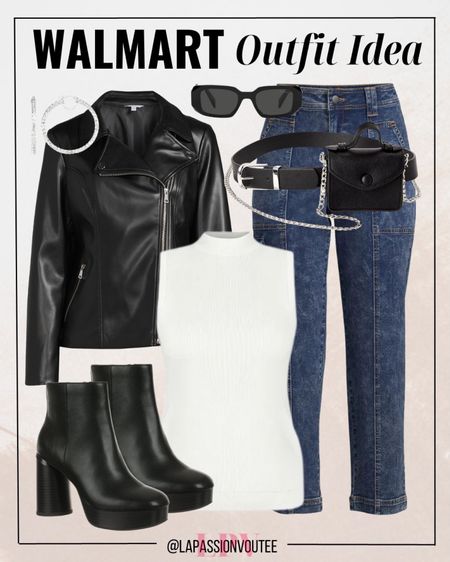 Rev up your Walmart wardrobe with edgy elegance! Rock a faux leather jacket over a sleeveless turtleneck and sleek straight jeans. Strut in black boots, accessorize with a belt bag, chic sunglasses, and complete the look with bold hoop earrings. Walmart glam that's effortlessly cool and oh-so-affordable.

#LTKCyberWeek #LTKSeasonal #LTKHoliday