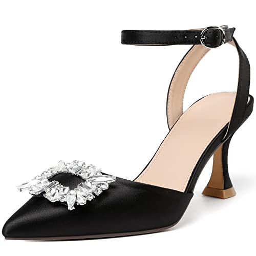 Susanny Women's Black Heels Rhinestone Heels Closed Toe Strappy High Heels Sexy Ankle Strap Pumps Bridal Party Wedding Dress Shoes 9.5 | Amazon (US)