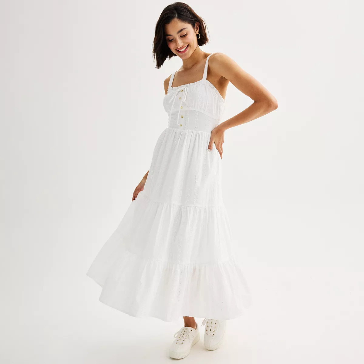SO® Sleeveless Button Bodice Eyelet Detailed Tiered Sundress | Kohl's