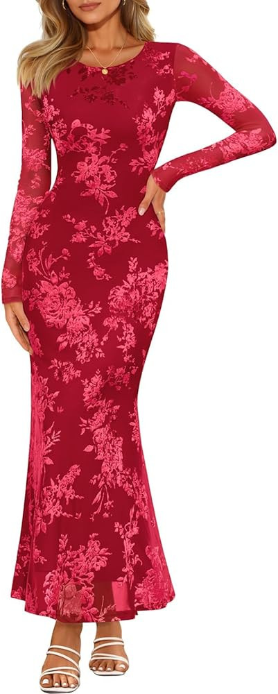 MEROKEETY Women's Fall Formal Wedding Guest Dress Long Sleeve Maxi Bodycon Floral Mesh Winter Coc... | Amazon (US)