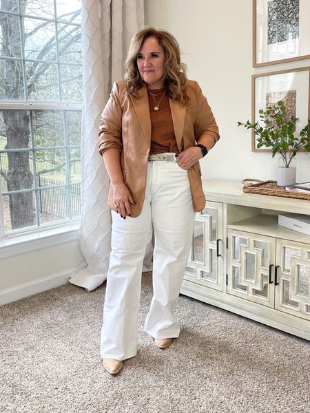 Wear now wide leg white jeans. I’m in a 32 regular. They are high ruse which is love. They are roomy. But you may be able to go your true size bc I think they run a little big. 

Blazer size L. Oversized!
Knit top runs big. I’m in an XL but if reordering I’d get a L 

Boots size up 1/2. Life this lighter color for right now in to spring early summer. 

#competition 

#LTKunder100 #LTKFind #LTKworkwear