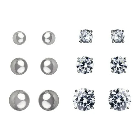 Brilliance Fine Jewelry Sterling Silver Simulated Diamond and Ball Stud 6 Pair Earrings | Walmart (US)