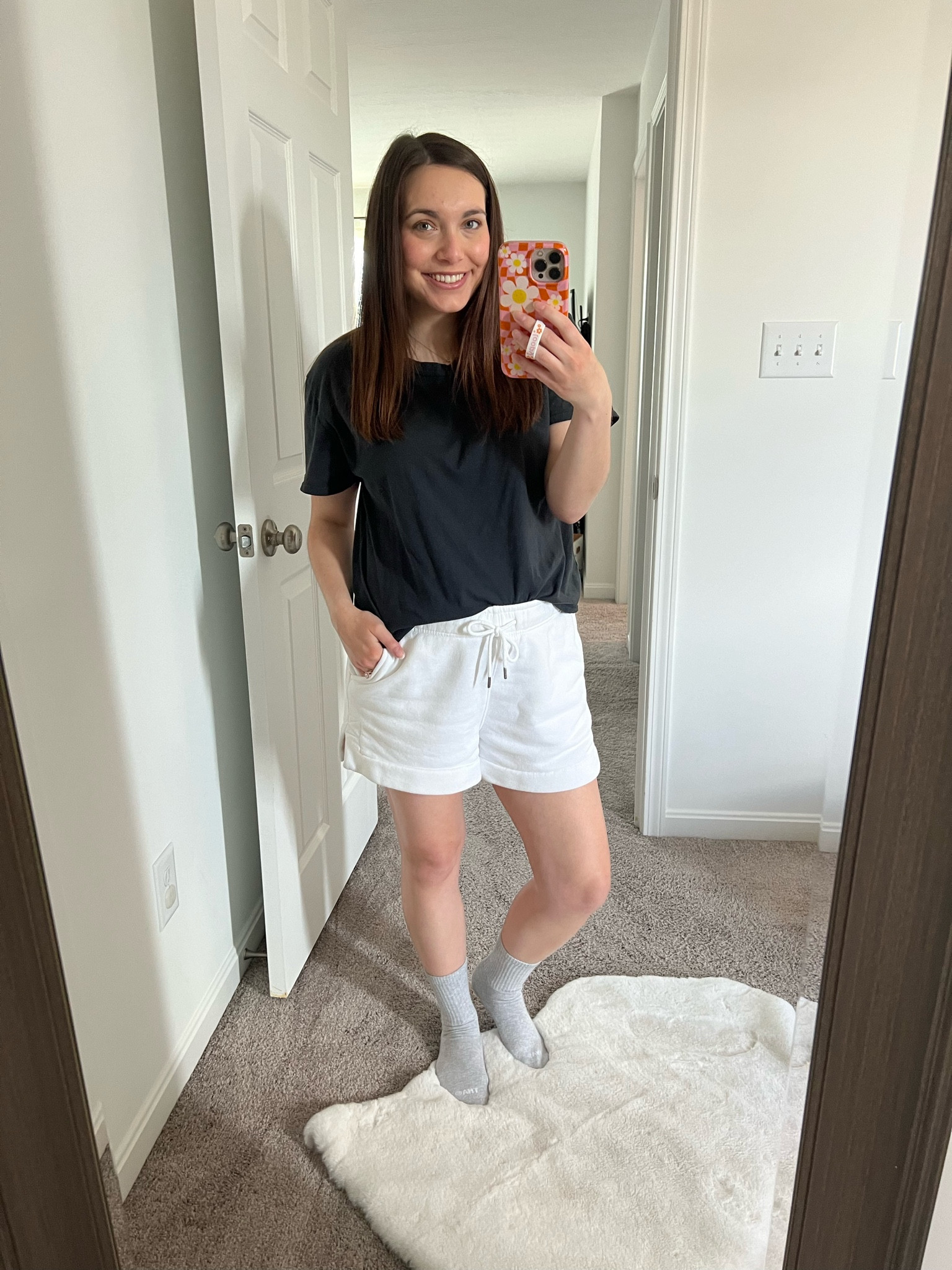 Love this comfy outfit! These shorts are must have for this summer. I’m wearing a medium & 5 weeks post partum. I caved & finally bought these socks several months ago & have purchased more since. 

#LTKFindsUnder50 #LTKStyleTip #LTKTravel