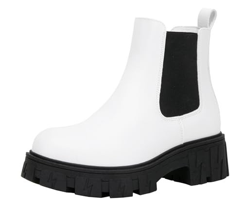 Jeossy Women's White Chelsea Ankle Boots, Lug Sole Boots Women, Platform Block Heel Elastic Slip-on Booties Size 11 (DJY9620 whiteblack 11) | Amazon (US)