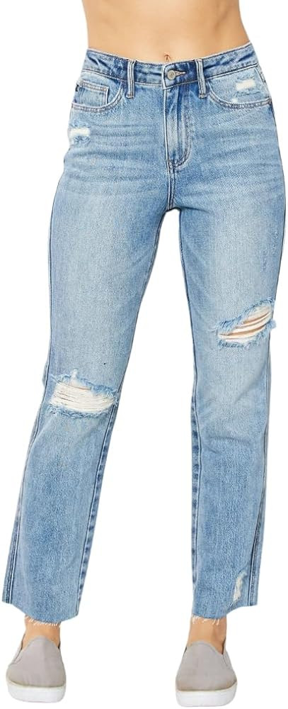 Judy Blue Medium Wash High Rise Rigid Magic Distressed Straight | Amazon (US)