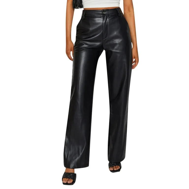 Multitrust Women High Waist Faux Leather Pants Solid Color Elastic Baggy Trousers Straight Wide L... | Walmart (US)