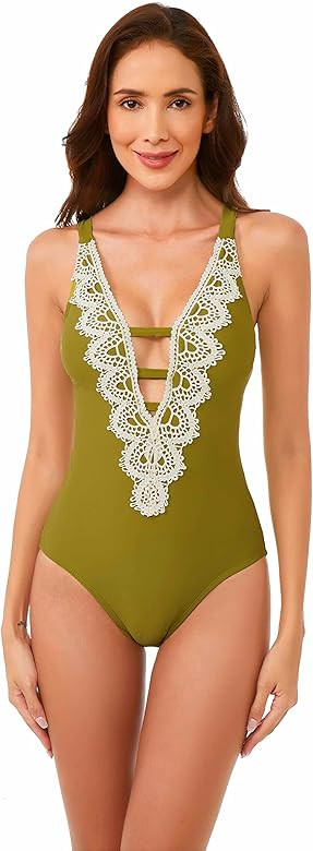 Destination One Piece Swimsuit, Plunge Neck with Crochet Trim, Bathing Suit for Women | Amazon (US)