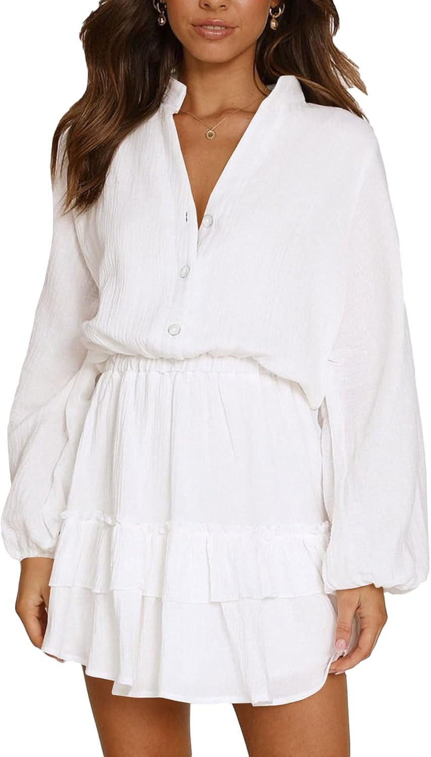 Women's Layer Ruffle Button Front V Neck Elastic Waist Long Sleeve Mini Dress | Amazon (US)