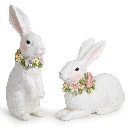 Hodao Spring Garden Patio Bunny Figurine Set (2pcs) The Perfect Accent for a Wonderful Garden-Easter Bunny Figurine Decor Outdoor Indoor Home Decorations (White) | Amazon (US)