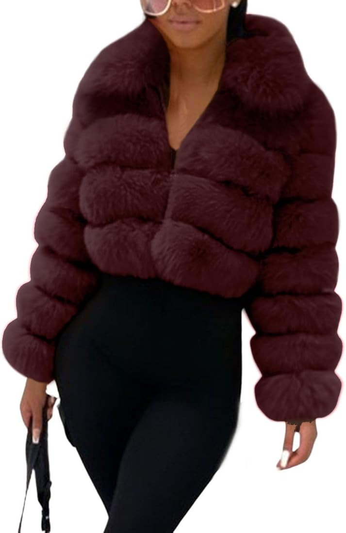 loveimgs Women Fluffy Faux Fur Coat Cropped Jacket Puffer Jacket Zip Up Winter Warm Fuzzy Teddy J... | Amazon (US)