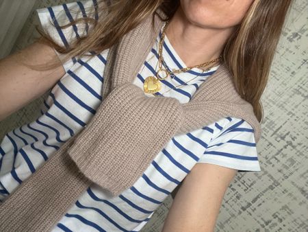 Spring style, cool mom style, mom outfits, mom outfit inspiration, cashmere fisherman, heart necklace 