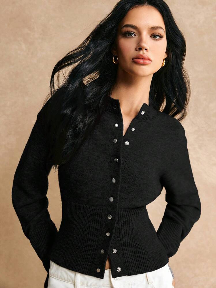 Poéselle Short Slim Front Button Solid Color Long Sleeve Simple Casual Knit Cardigan, Sweater,Short Women's Sweater,Women's Sweaters,Knit Sweaters,Winter Women's Clothing,Fall Women's Clothing,FW24,Tops For School | SHEIN