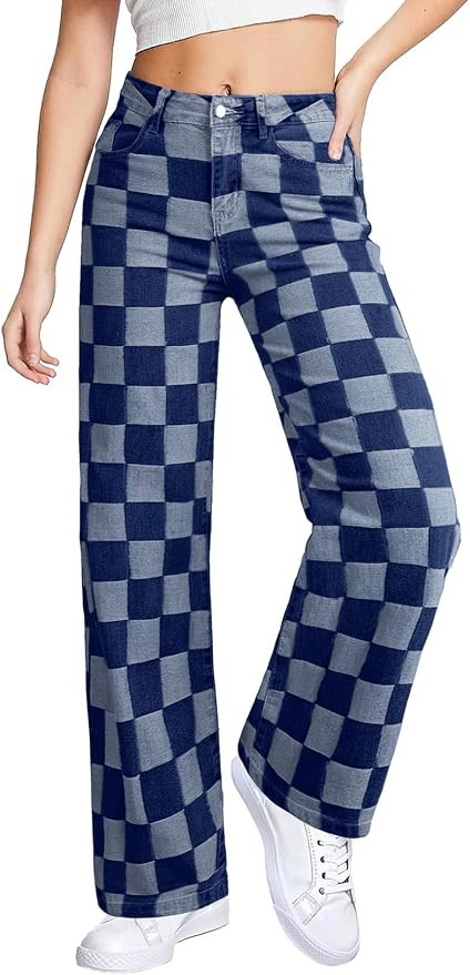Sidefeel Women's Wide Leg Jeans High Waisted Stretchy Straight Leg Checkered Loose Denim Pants | Amazon (US)