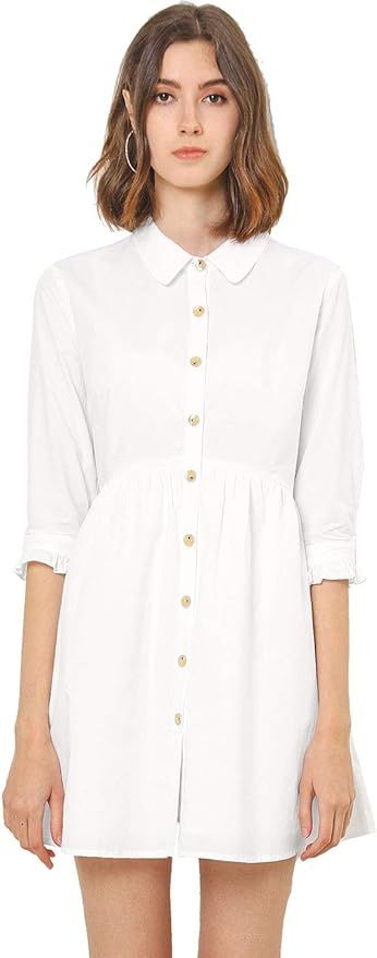 Allegra K Women's Casual Shirt Dress Ruched 3/4 Sleeve Button Up School Mini Dresses | Amazon (US)