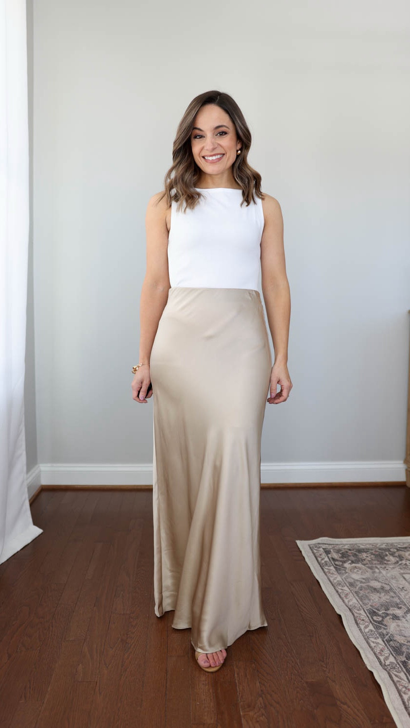 100% silk skirts from @onequince in a midi and maxi length on my petite (4’10”) frame. #quincepartner 

The silk skirts at Quince are a longtime favorite of mine. They’re high-quality, machine washable and come in several beautiful colors. I have styled the midi style many times over the years but the maxi is new to me. It’s a length I need to wear with heels, but I love how elegant it is. I think it would be perfect for a special occasion. 

Silk Maxi Skirt: XS, in champagne  - skirt runs large at the waist
Silk Midi Skirt: XS - tts 
Cotton Cashmere Fitted Ribbed Cardigan: XS, in heather oatmeal - sleeves are cuffed under
Cotton Jersey Boat Neck Tank: XS 
100% Merino Wool Collarless Cropped Jacket: XS - sleeves are cuffed under 
Italian Leather 70mm Strappy Heel: tts - in cashew


#LTKPetite