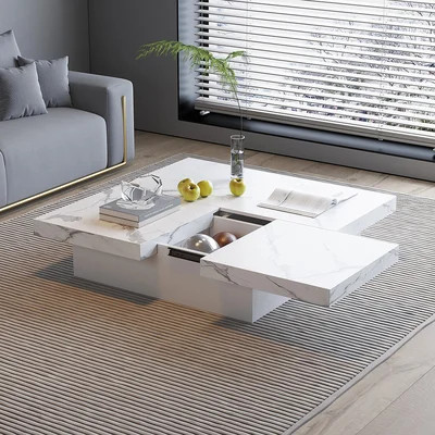 Square Marble Veneer Coffee Table Sliding Top with Storage in White-Homary | Homary