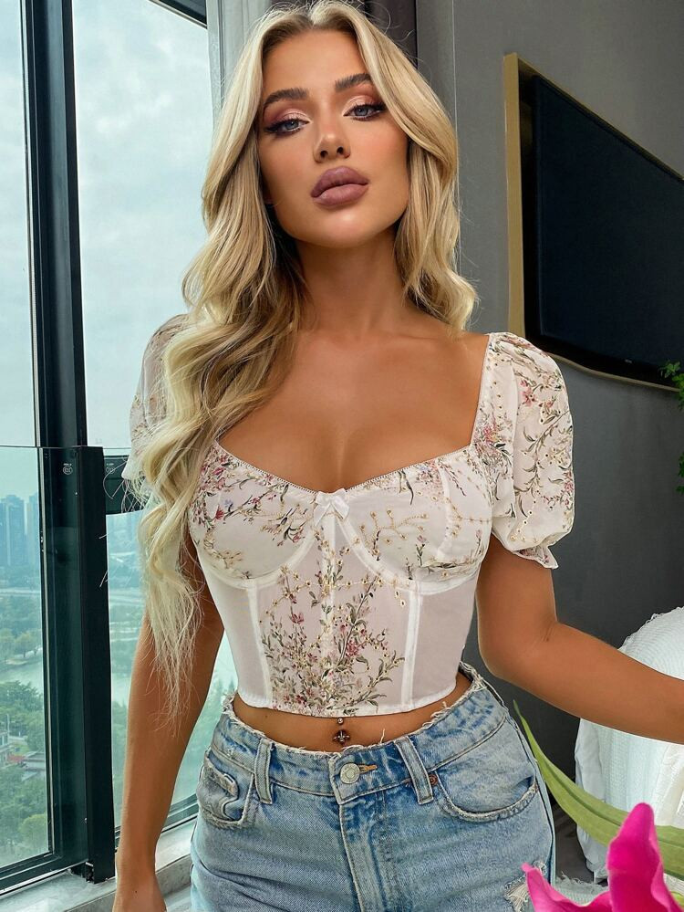 Puff Sleeve Embroidered Flower Milkmaid Top | SHEIN