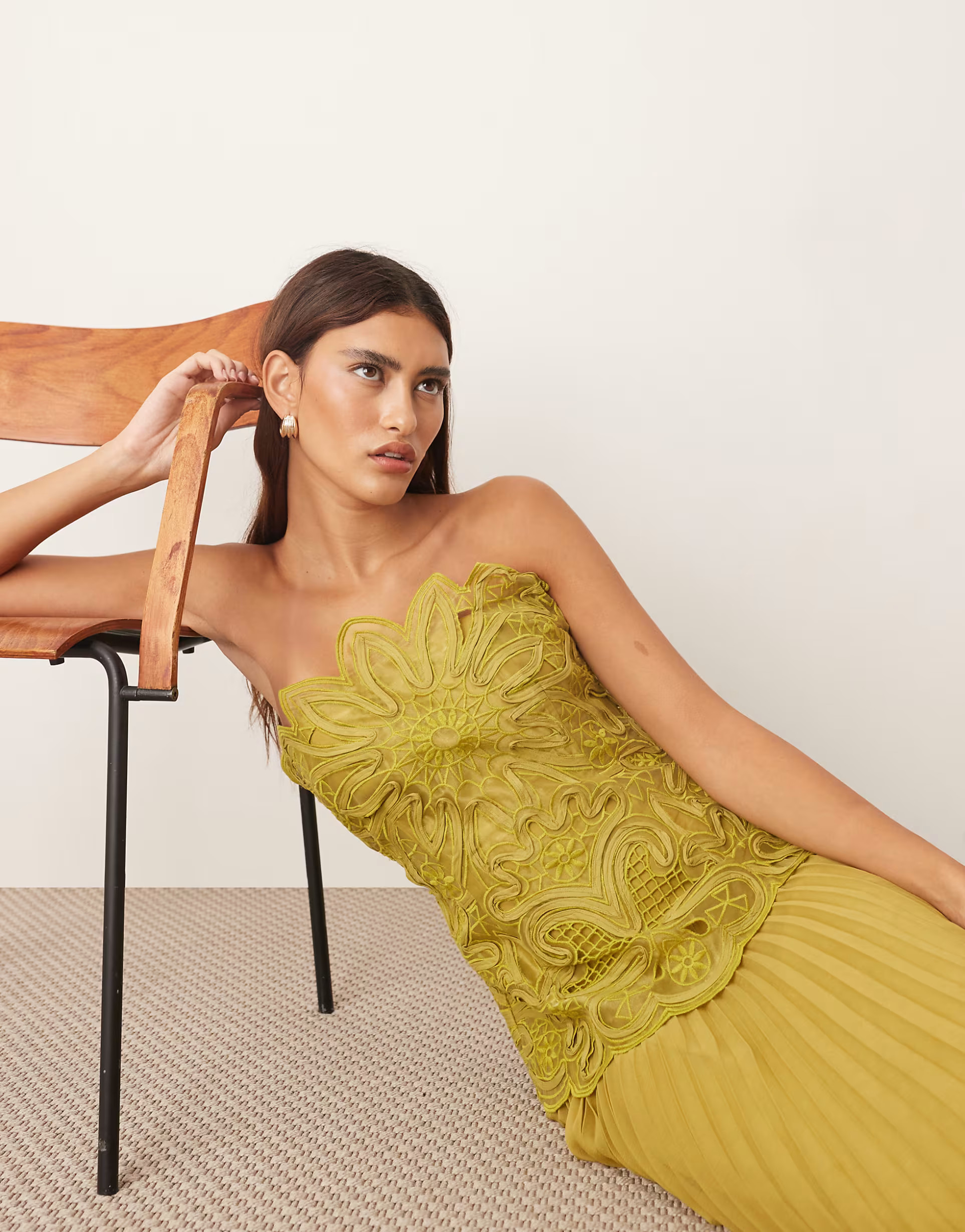 ARRANGE abstract cut work bandeau maxi dress with pleat skirt in olive green | ASOS (Global)