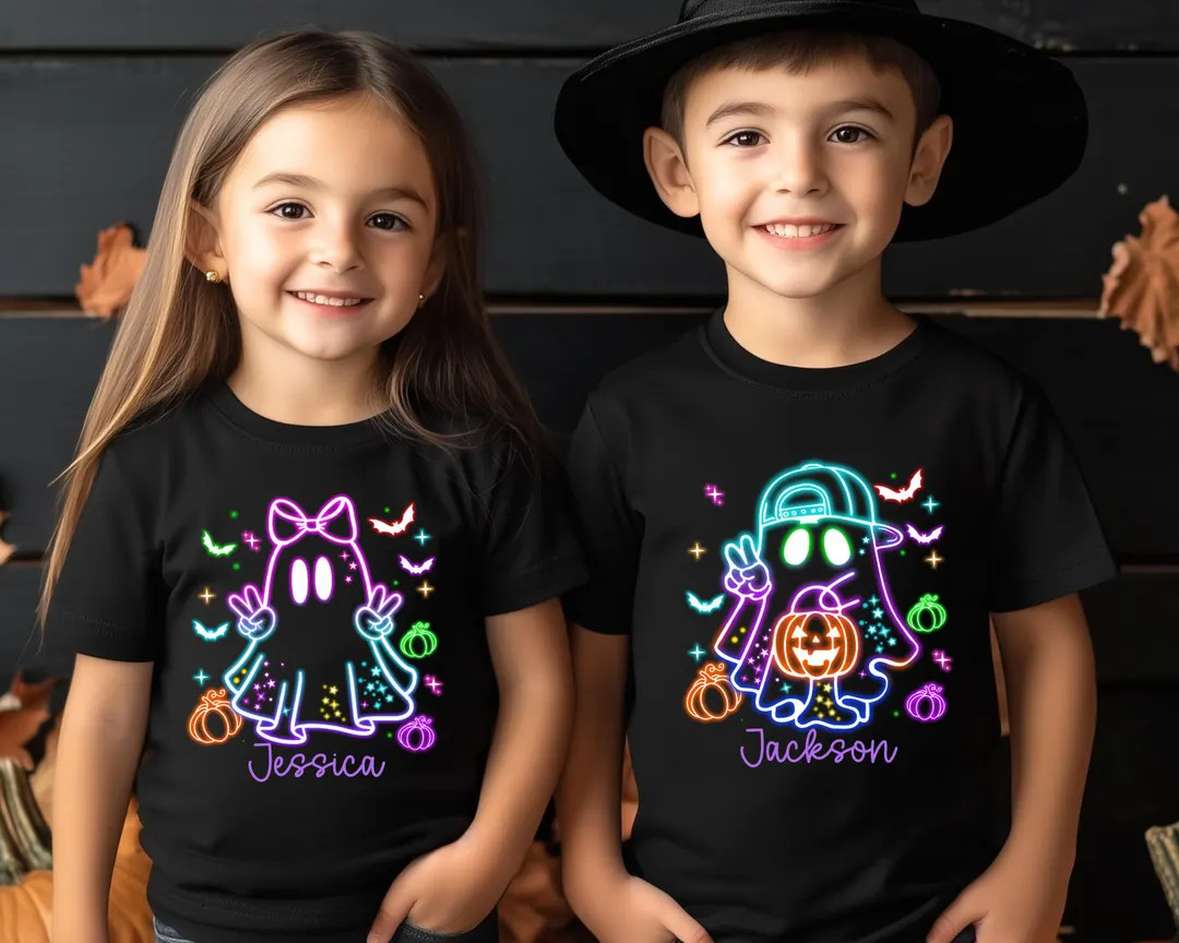 Custom Kids Halloween Neon Shirt,cute Ghost T-shirt,neon Halloween Ghost Shirt,girls Halloween Te... | Etsy (US)