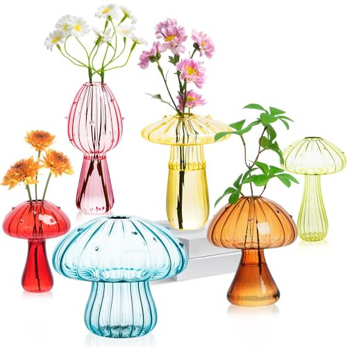 Mushroom Vase, Set of 6 Colored Flower Vase, Propagation Stations Vases, Small Bud Vases Home Decor Cute Glass Mushroom Planter for Room Office Decoration (Colorful) | Amazon (US)