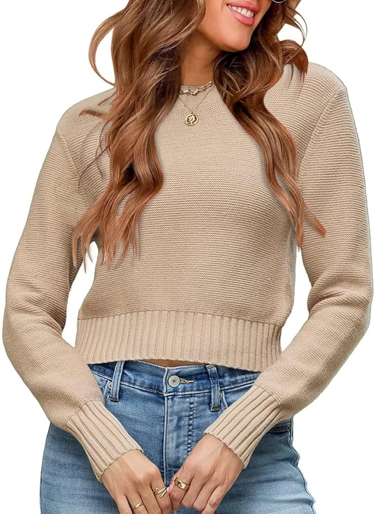 Womens Fall Cropped Sweaters 2026 Trendy Long Sleeve Crewneck Ribbed Knit Pullover Jumper Tops | Amazon (US)