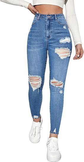 MakeMeChic Women's Ripped Skinny Jeans Casual High Waisted Distressed Stretch Denim Pants | Amazon (US)